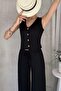 Women's Sleeveless Button Vest and Wide Leg Pants Bottom-Top Suit Black - 4