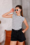 Cotton Stretch Fabric Dolman Sleeve Black-White Striped T-Shirt