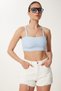 Women's Sky Blue Strappy Stretchy Summer Knitwear Crop Blouse Ns00436 - 3