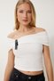 Women's White Belt Band Detailed Carmen Collar Stretchy Knitted Blouse An00242 - 3