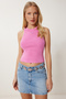 Women's Pink Halter Neck Washed Ribbed Knitted Blouse Ns00437