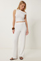 Women's White Textured Summer Blouse Pants Suit Fw00009 - 2