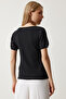 Women's Black Guipure Sleeve Cotton Basic Knitted T-Shirt VF00001 - 5