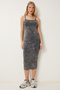 Women's Black Strappy Ribbed Cotton Knitted Dress Ns00438