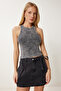 Women's Black Halter Neck Washed Ribbed Knitted Blouse Ns00437