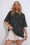 Women's Anthracite Crew Neck Oversize Pearl and Stone Embroidered T-Shirt Alc-X11964 - 4