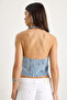 Women's Ice Blue Halter Neck Low-Cut Detailed Denim Blouse 3433 60283271 - 8