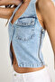 Women's Ice Blue Halter Neck Low-Cut Detailed Denim Blouse 3433 60283271 - 7