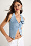 Women's Ice Blue Halter Neck Low-Cut Detailed Denim Blouse 3433 60283271 - 3