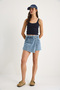 Women's Blue Pocket Detailed Double Breasted Textured Denim Shorts Skirt 8017 60283269 - 2