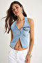 Women's Ice Blue Halter Neck Low-Cut Detailed Denim Blouse 3433 60283271 - 2