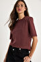 Women's Dark Red Brown Crew Neck Padded Cotton Basic T-Shirt 241134 60283128