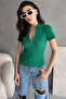 Women's Green Half Zipper Polo Neck Ribbed Knitted Blouse - 4