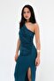 One Shoulder Draped Petrol Sandy Midi Dress - 3