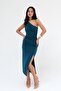 One Shoulder Draped Petrol Sandy Midi Dress