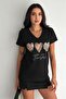 Women's Black V-Neck Heart Pattern Sequin Embroidered 100% Cotton T-Shirt - 3