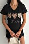 Women's Black V-Neck Heart Pattern Sequin Embroidered 100% Cotton T-Shirt - 5