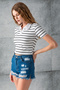 Women's Polo Neck Striped Cotton T-Shirt White Black - 25795 - 5
