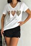 Women's White V-Neck Heart Pattern Sequin Embroidered 100% Cotton T-Shirt