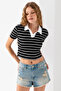 Women's Polo Neck Striped Cotton T-Shirt Black White - 25795 - 3