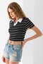 Women's Polo Neck Striped Cotton T-Shirt Black White - 25795 - 4