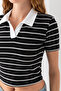 Women's Polo Neck Striped Cotton T-Shirt Black White - 25795 - 6