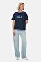 Everlee Navy Blue Crew Neck Stone Washed Printed 100% Cotton Loose Fit Women's Tshirt - 3