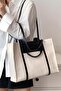Black-Cream Women's Leather Detailed Canvas Tote Bag
