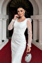 Flock Print Square Neck Pencil Dress - White - 3
