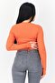 Women Twist Neck Long Sleeve Ribbed Cropped Top, Rust - 2