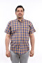 Men's Large Size Navy Blue-Brown Plaid Lycra Buttoned Collar Short Sleeve Shirt KK-8024-TSS