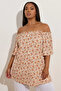 Plus Size Off Shoulder Short Sleeve Button Detail Print Blouse 322680