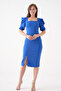 Flexible Fabric Square Neck Midi Length Slit Detailed Short Sleeve Blue Midi Dress 026