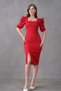 Flexible Crepe Fabric Shoulder Detailed Square Neck Midi Length Red Evening Dress & Graduation Dress 026 - 7