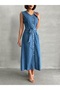 Buttoned Belted Pocket Detailed Long Denim Navy Blue Dress Missel8999 - 5