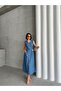 Buttoned Belted Pocket Detailed Long Denim Navy Blue Dress Missel8999