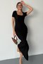 Summer Ottoman Fabric Square Neck Short Sleeve Slit Detail Black Long Dress