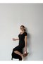 Summer Ottoman Fabric Square Neck Short Sleeve Slit Detail Black Long Dress - 5