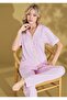 Women's 100% Cotton Viscose Fabric Pink Striped Pattern Shirt Collar Buttoned Pajama Set - 2