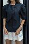Raw Linen Shirt with Navy Blue Collar Detail - 4