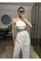 Lacquer White Bamboo Linen Trousers Blouse Set with Lacing Detail - 3