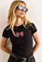 Women's Black Sequin Bow Detailed Slim Ribbed Crop Blouse Blz-19002989 - 3