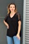 Women's Black Large Size V-Neck Shoulder and Pocket Laced Lycra Blouse - 3