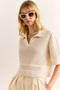 Women's Stone Polo Neck Openwork Cotton Content Knitwear Blouse Blz-19002986