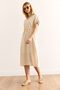 Women's Ecru Waist Lace up Lined Guipure Detailed Midi Linen Dress Elb-19002419 - 6
