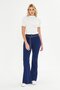 Navy Blue Flare Metal Ring Belted Fabric Trousers