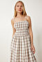 Strappy Striped Linen Dress Brown Lns0060 - 3