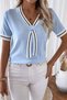 Women's College Style Line Striped V-Neck Polo Style Baby Blue Blouse - 6