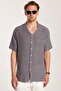 Men's Relax Fit Apaş Collar Rustic Fabric Pocket Short Sleeve Relaxed Cut Gray Shirt - 4
