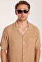 Men's Relax Fit Apaş Collar Rustic Fabric Pocket Short Sleeve Comfortable Cut Beige Shirt